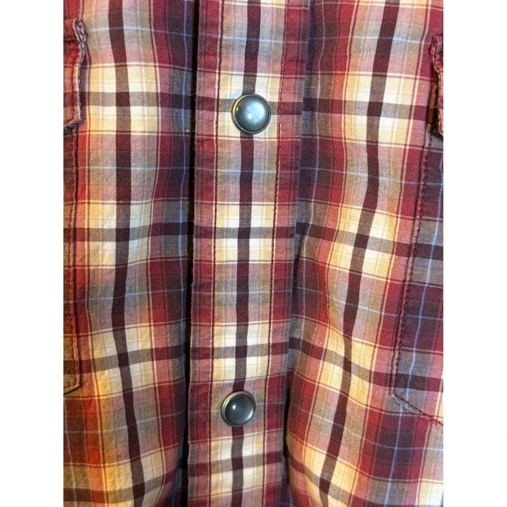 Banana Republic Mens Slim Western Shirt M Red Plaid Stretch Pearl Snap Cotton